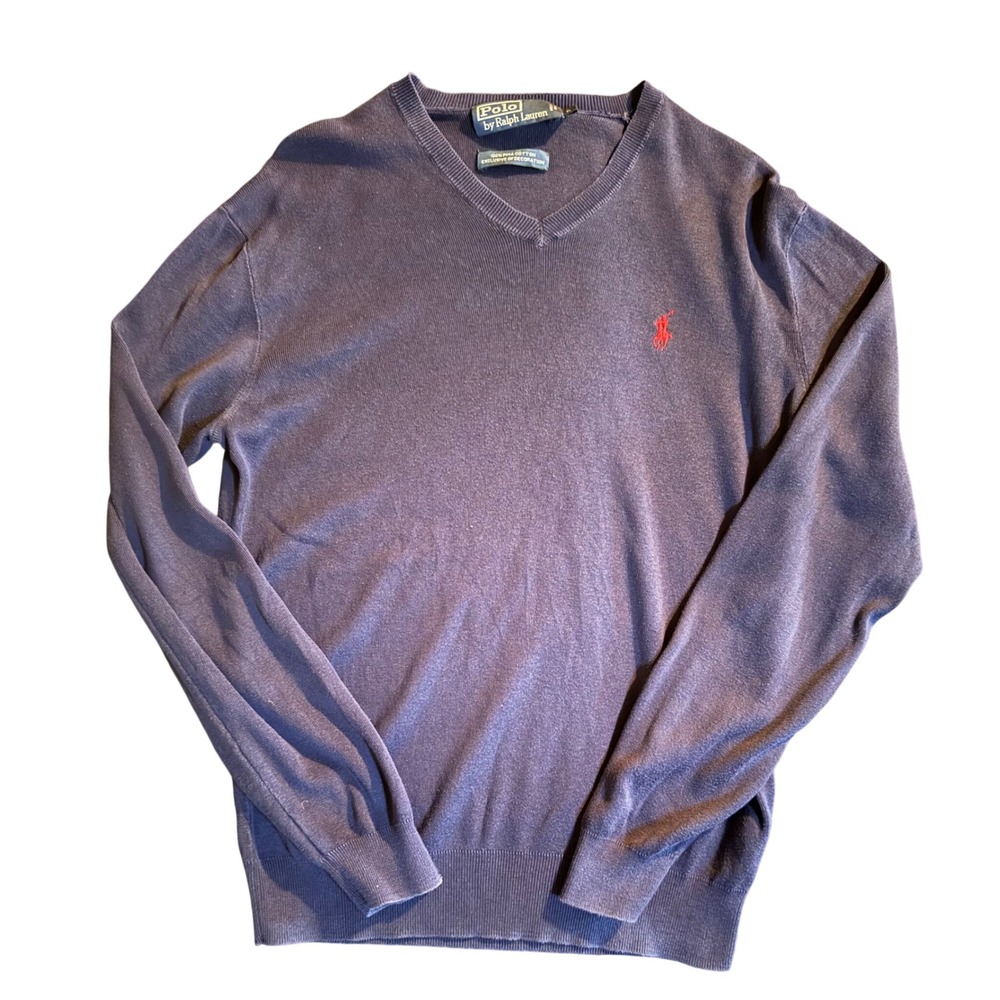 Polo Ralph Lauren V-Neck Sweater Mens S Navy Blue Pima Cotton Red Pony Logo